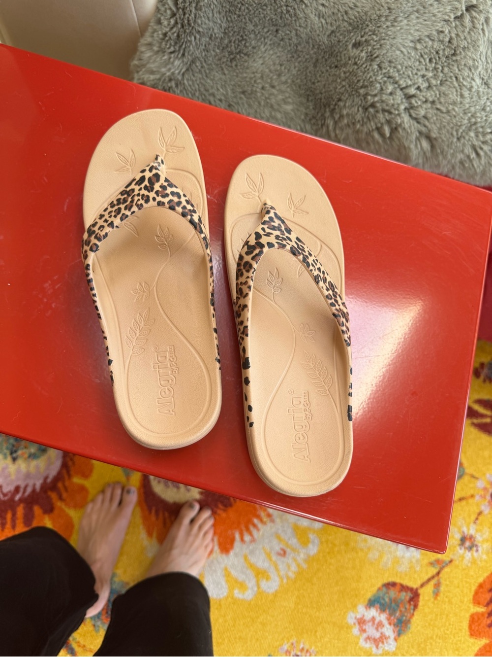 Alegria Beige Flip-Flop Sandals with Leopard-Print Straps